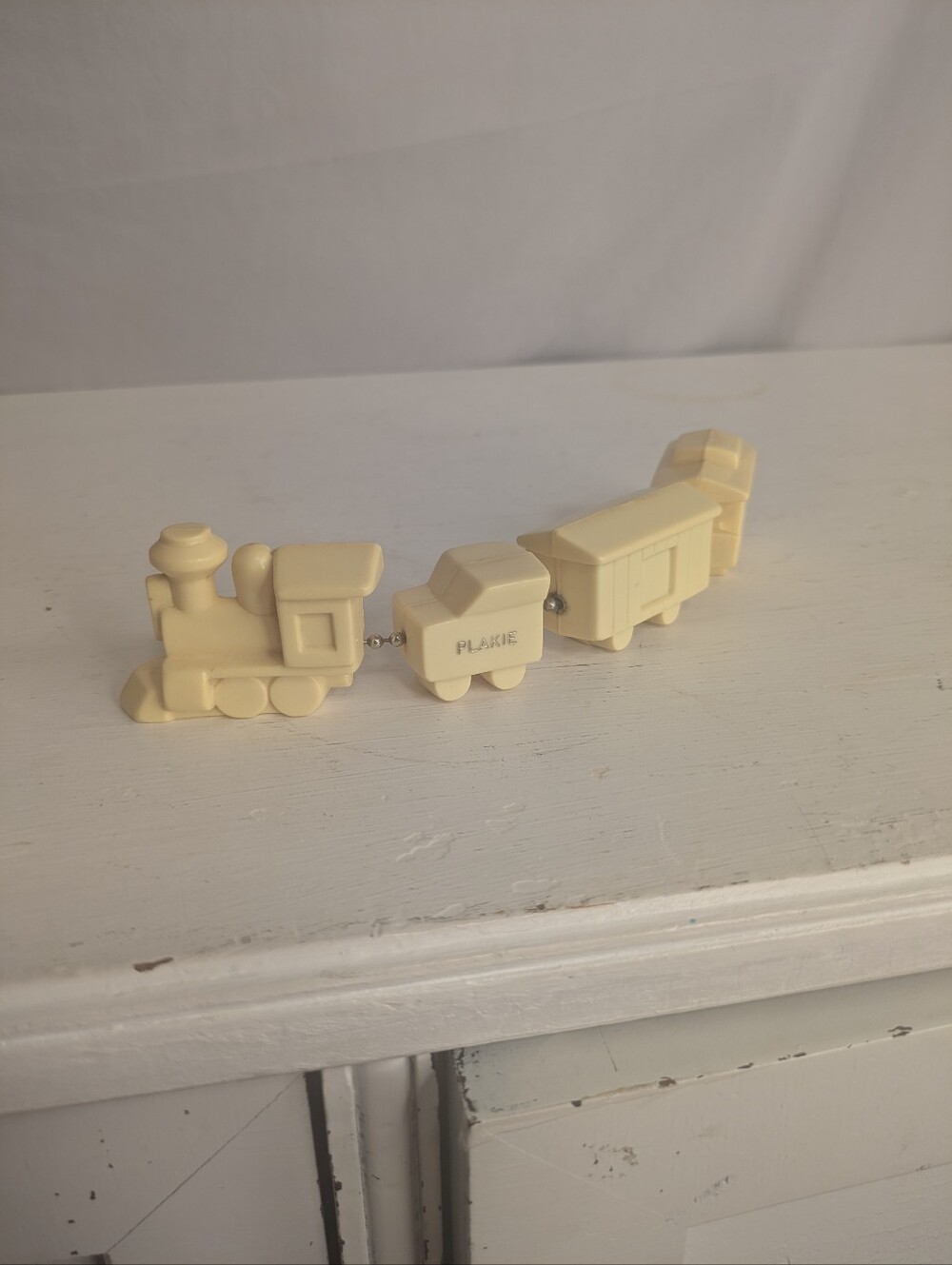 Vintage Plakie Collectible Baby Rattle Train Soft Yellow Mid Century